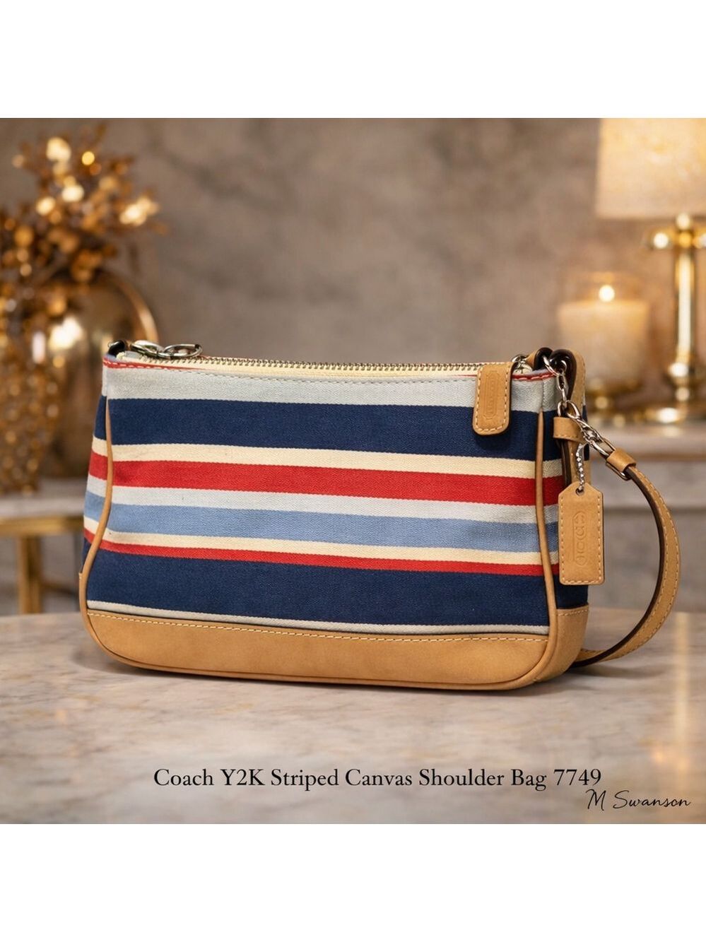 Coach Red White Blue Striped Canvas Shoulder Bag 7749 Vachetta Trim
